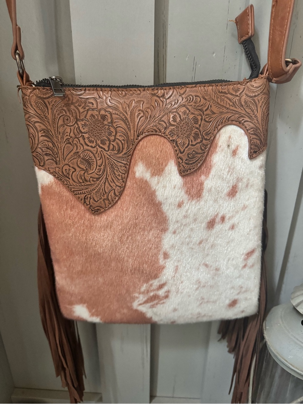 Women's Cowhide Fringe Crossbody Bag in Brown and White